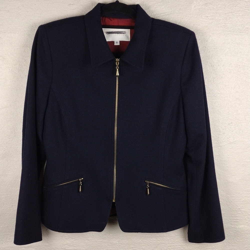 Hugo Buscati Collection Deep Blue Wool Collared Long Sleeve Zip Up Blazer Jacket - Picture 2 of 16